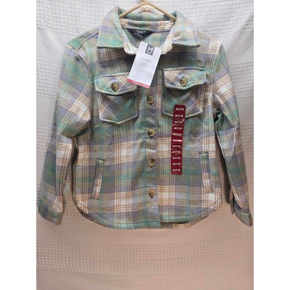 Member's Mark Girls Shacket Jacket Size 7/8 gray blue green fleece plaid